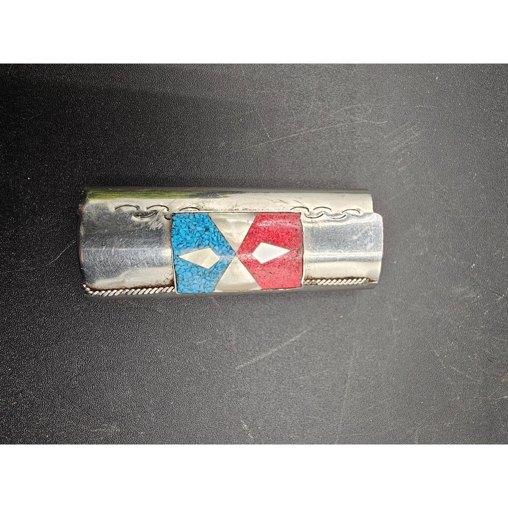 Vintage Southwestern Chip Inlay Lighter Cover Turquoise Coral Silver Tone Case